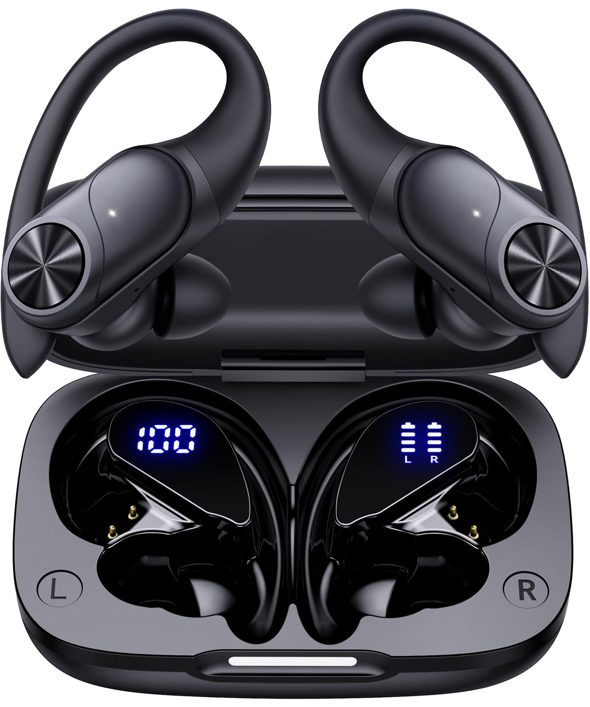 PocBuds Bluetooth Headphones Wireless Earbuds 80hrs Playtime Wireless Charging Case Digital Display Sports Ear Buds with Earhook Deep Bass IPX7 Waterproof Over-Ear Earphones for TV Phone Laptop Black