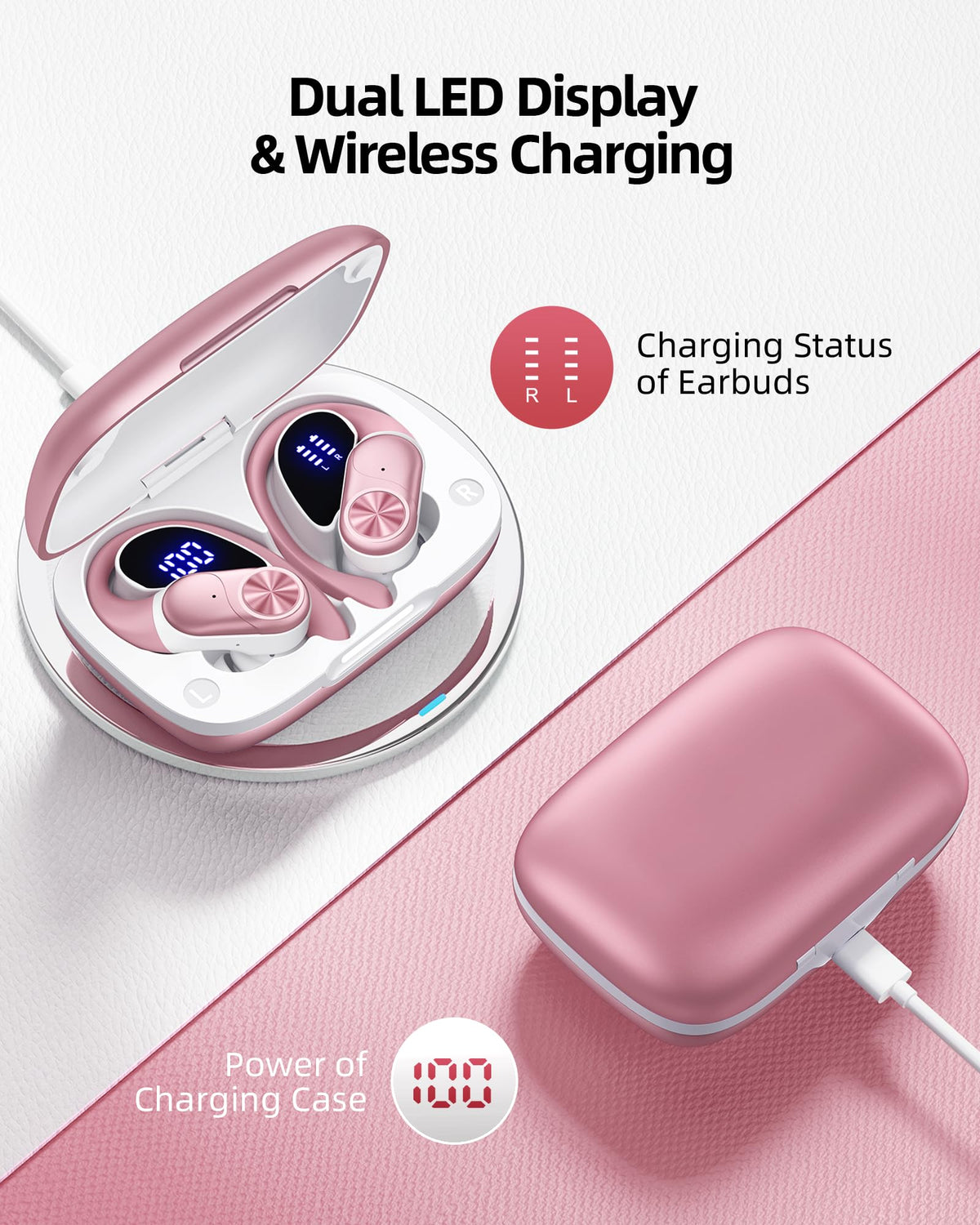 PocBuds Bluetooth Headphones Wireless Earbuds 80hrs Playtime Wireless Charging Case Digital Display Sports Ear Buds with Earhook Deep Bass IPX7 Waterproof Over-Ear Earphones for TV Phone Laptop Black