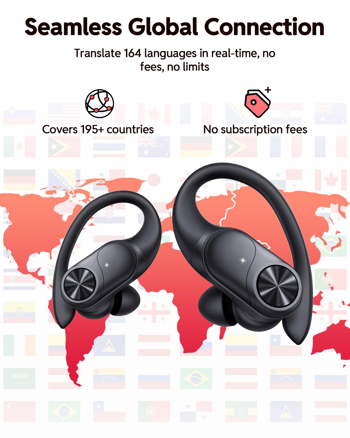 PocBuds Bluetooth Headphones Wireless Earbuds 80hrs Playtime Wireless Charging Case Digital Display Sports Ear Buds with Earhook Deep Bass IPX7 Waterproof Over-Ear Earphones for TV Phone Laptop Black