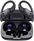 PocBuds Bluetooth Headphones Wireless Earbuds 80hrs Playtime Wireless Charging Case Digital Display Sports Ear Buds with Earhook Deep Bass IPX7 Waterproof Over-Ear Earphones for TV Phone Laptop Black