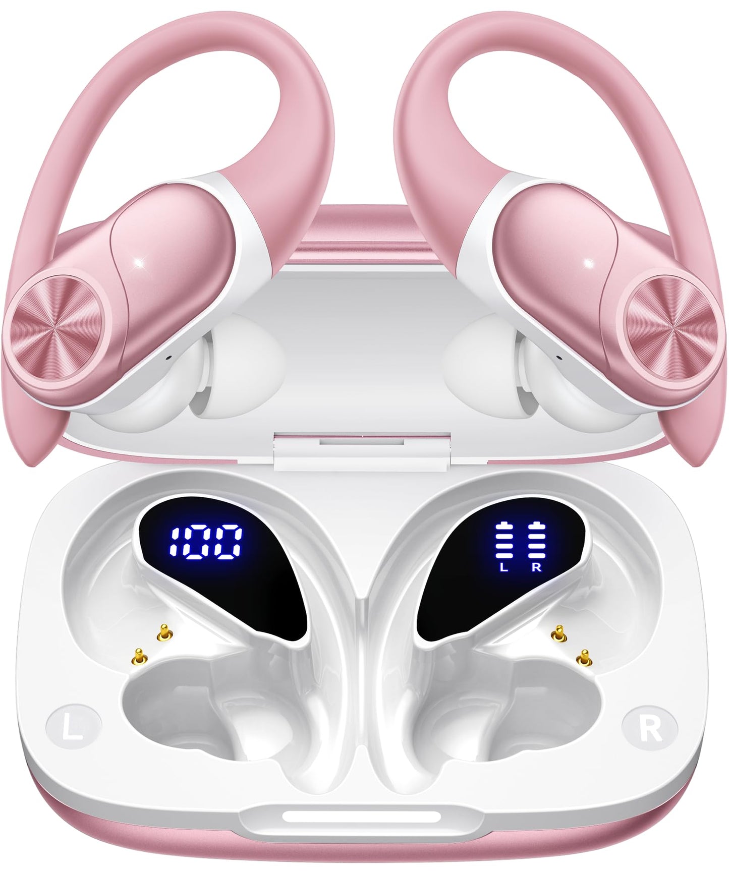 PocBuds Bluetooth Headphones Wireless Earbuds 80hrs Playtime Wireless Charging Case Digital Display Sports Ear Buds with Earhook Deep Bass IPX7 Waterproof Over-Ear Earphones for TV Phone Laptop Black