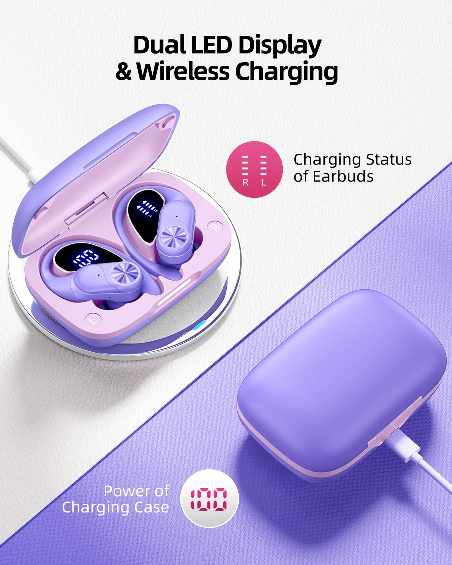 PocBuds Bluetooth Headphones Wireless Earbuds 80hrs Playtime Wireless Charging Case Digital Display Sports Ear Buds with Earhook Deep Bass IPX7 Waterproof Over-Ear Earphones for TV Phone Laptop Black