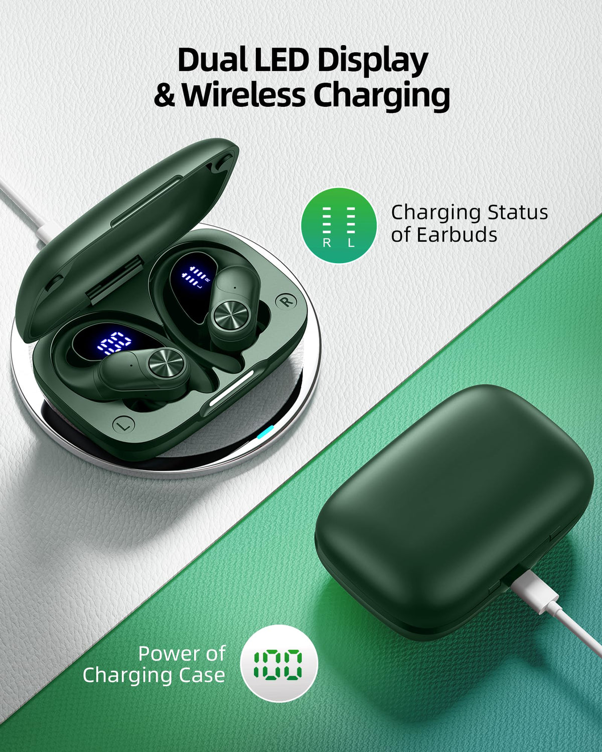 PocBuds Bluetooth Headphones Wireless Earbuds 80hrs Playtime Wireless Charging Case Digital Display Sports Ear Buds with Earhook Deep Bass IPX7 Waterproof Over-Ear Earphones for TV Phone Laptop Black